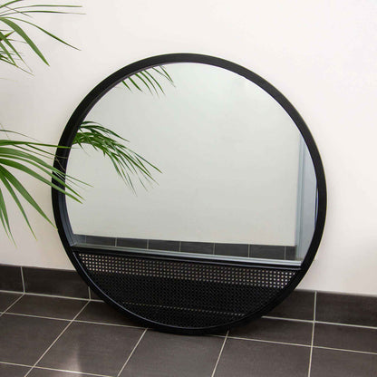 Black Rattan Wood Round 100cm Mirror