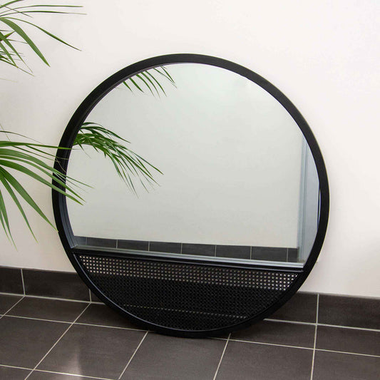 Black Rattan Wood Round 100cm Mirror