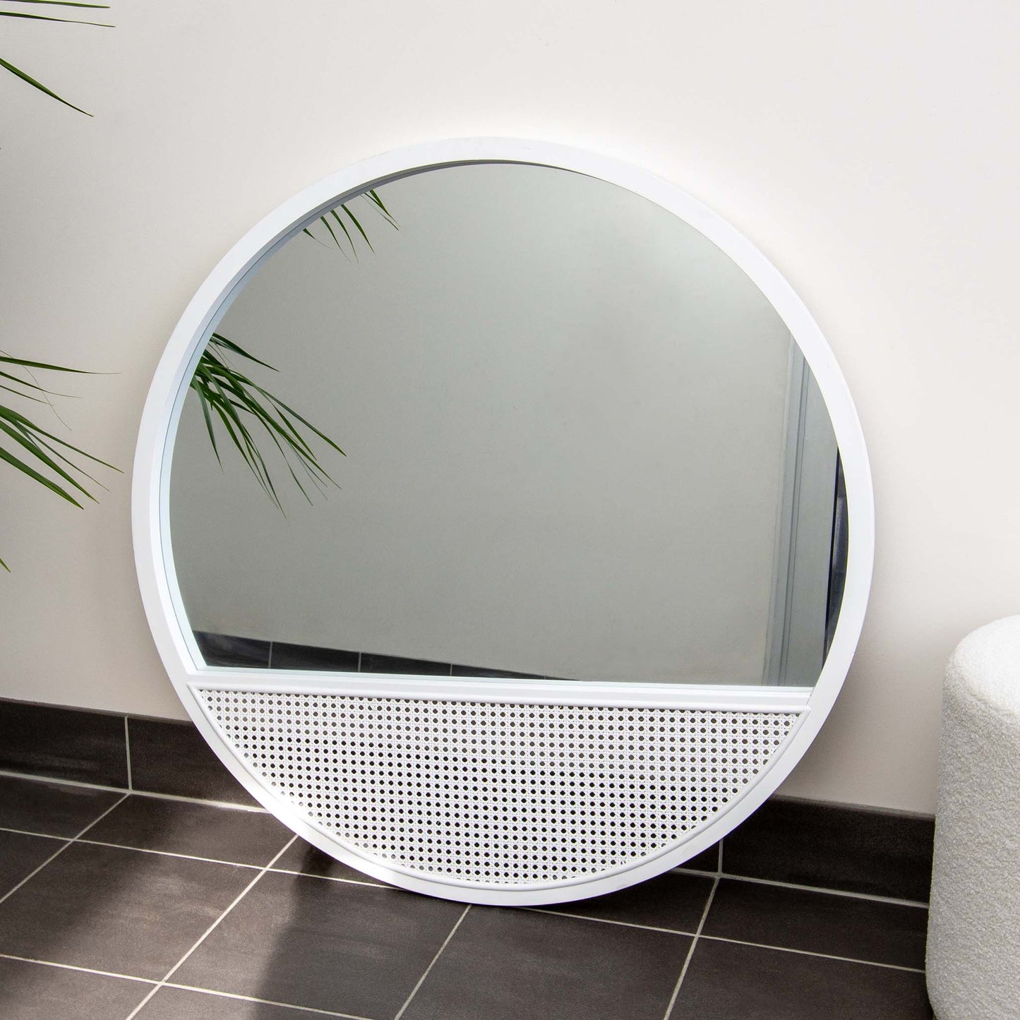 White Rattan Wood Round 100cm Mirror